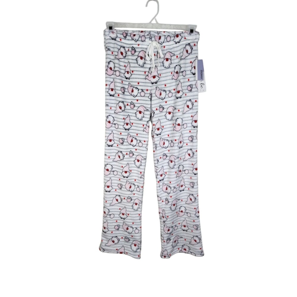 Lounge Pants Gnomes Stripe Plush White Gray Fleece Size Small